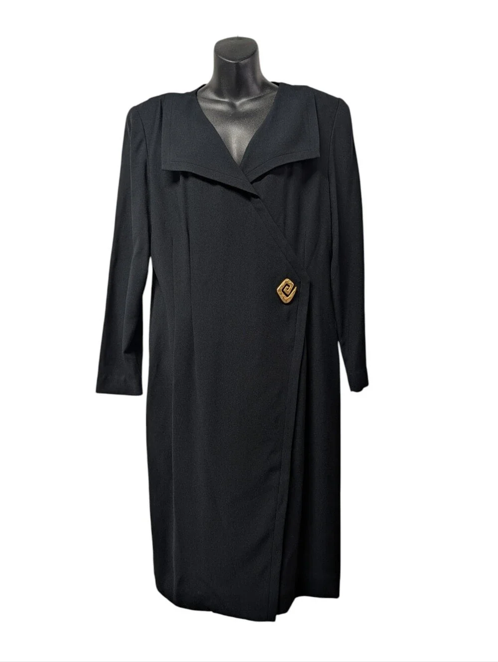 Vtg Liz Claiborne Black Wrap Midi Dress Size 14 Long Sleeve Gold Button Career